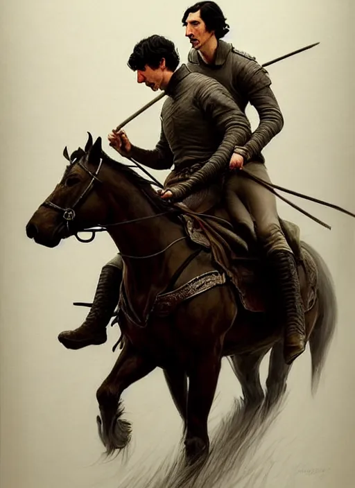 Image similar to painting of john oliver and adam driver together, riding horse, stoic, full body, military uniform, fantasy, intricate, elegant, beautiful, highly detailed, charcoal, centered, dark, smokey, digital painting, artstation, concept art, smooth, sharp focus, illustration, art by artgerm, art by greg rutkowski, art by alphonse mucha