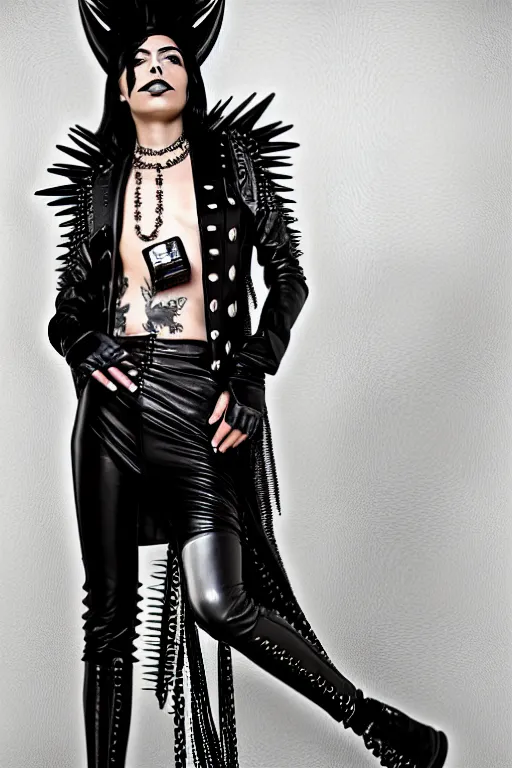 Image similar to a mexican genderqueer person in a black leather outfit with spikes on their b a high fashion character portrait by christen dalsgaard, featured on behance, gothic art, androgynous, genderless, gothic