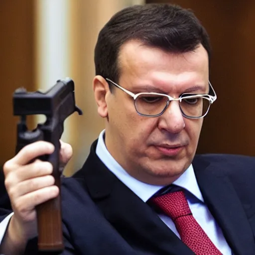 Image similar to image of aleksandar vucic using a gun