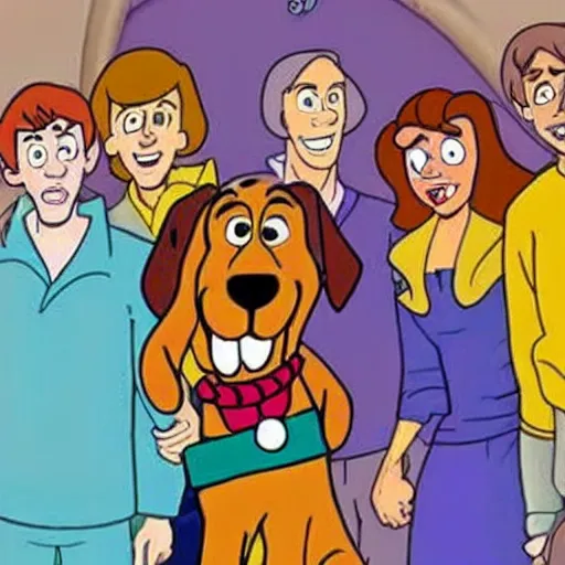 Prompt: scooby - doo on deathbed, freinds and family surround him with love, shaggy holding his paw, uplifting, hospice, hannah barbera, animated tv show