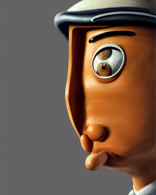 Image similar to closeup face profile portrait of a tin toy jacques tati as monsieur hulot, hyper realistic, artstation, illustration, nicoletta ceccoli, mark ryden, lostfish, max fleischer, digital paint, matte paint, vivid colors, dark, sinister, detailed and intricate environment