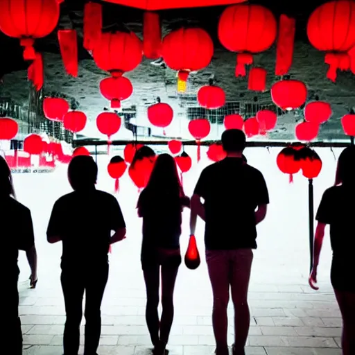 Image similar to a tiny dark black night club with five red chinese lanterns, people's silhouettes close up, wearing white t - shirts that glow in the dark, minimalism,