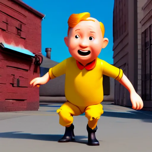 Image similar to tin tin, depicted as a pixar character, high quality cg render, 4 k