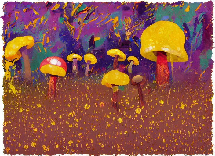 Image similar to expressionistic pixelated decollage painting golden armor alien zombie horseman riding on a crystal bone dragon broken rainbow diamond maggot horse in a blossoming meadow full of colorful mushrooms and golden foil toad blobs in a golden sunset, distant forest horizon, painted by Mark Rothko, Helen Frankenthaler, Danny Fox and Hilma af Klint, pixel, semiabstract, color field painting, byzantine art, microsoft paint art, pop art look, naive, outsider art. Barnett Newman painting, part by Philip Guston and Frank Stella art by Adrian Ghenie, 8k, extreme detail, intricate detail, masterpiece