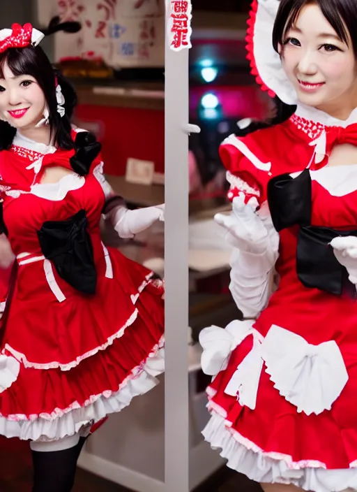 Image similar to a japanese idol dressed in red maid costume in a maid cafe, cute pose, 8 k, photography,