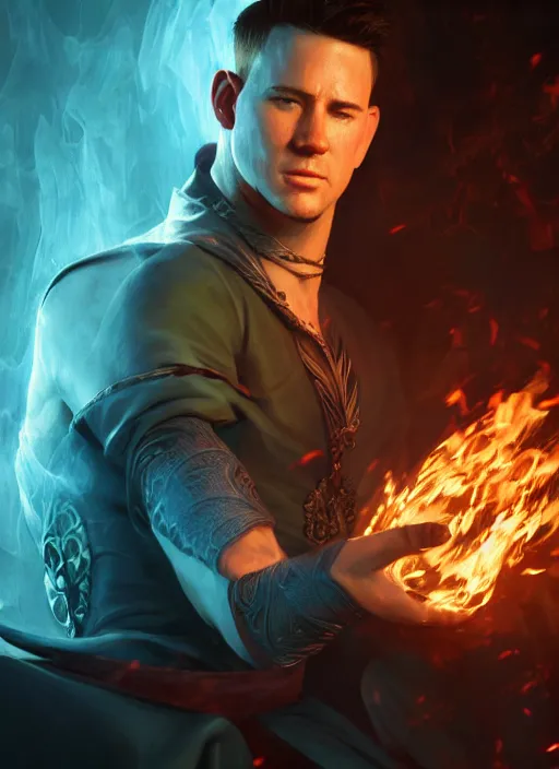 Prompt: A fantasy comic book style portrait painting of a Channing Tatum as a male elf wizard casting a fire spell, unreal 5, DAZ, hyperrealistic, octane render, RPG portrait, ambient light, dynamic lighting