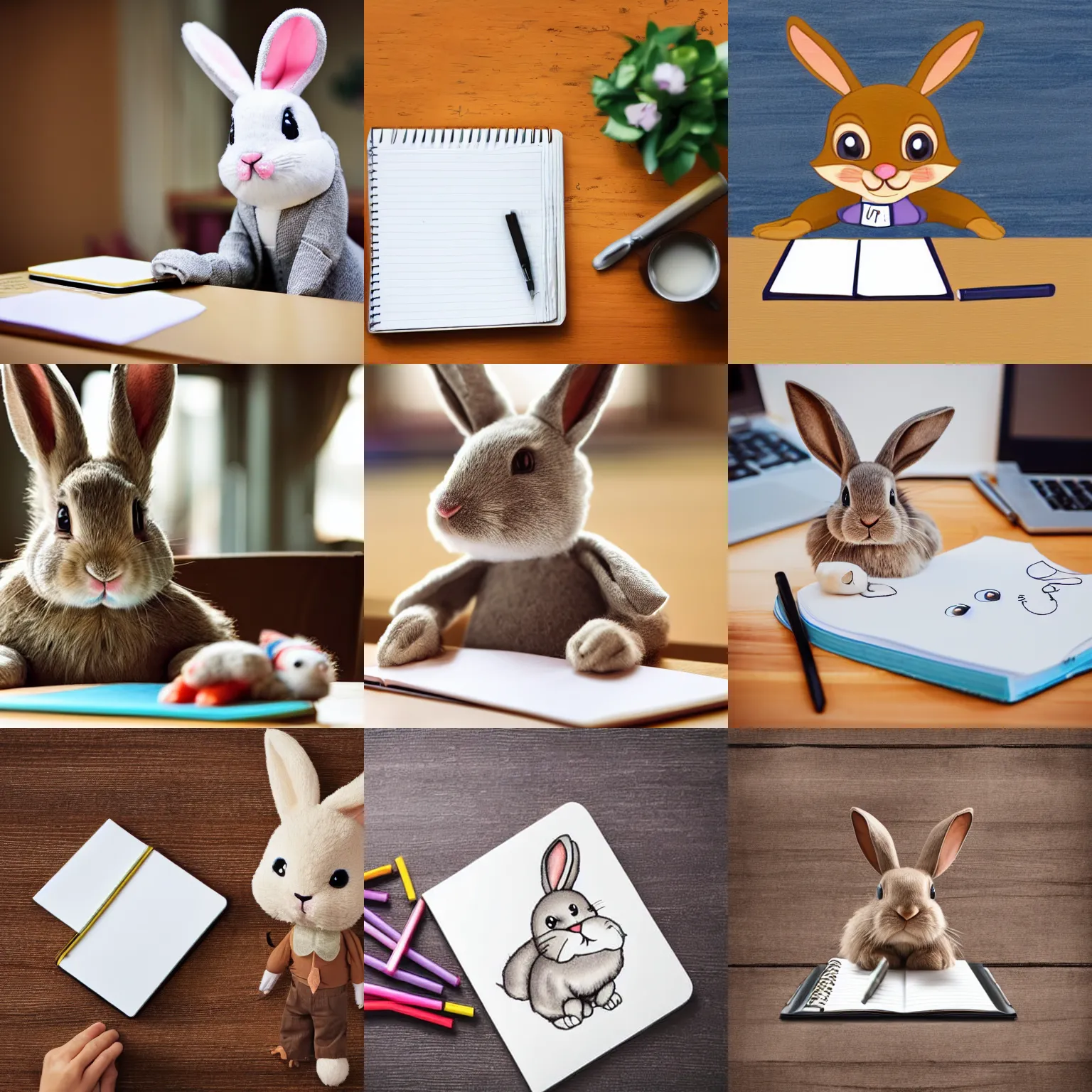 Prompt: a cute cartoon rabbit happily sitting at a table and writing on a notebook, antgerm