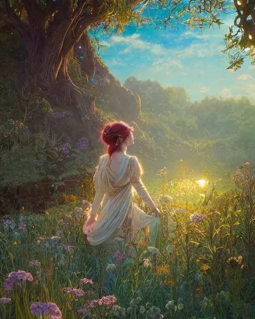 Image similar to the shire at sun rise with birds, highly detailed, gold filigree, romantic storybook fantasy, soft cinematic lighting, award, disney concept art watercolor illustration by mandy jurgens and alphonse mucha and alena aenami, pastel color palette, featured on artstation