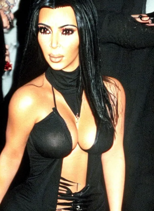 Prompt: candid photo of kim kardashian as a gothic vampire in the 1990s
