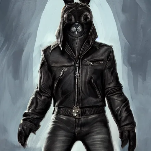 Image similar to A bunny with a small head wearing a fine intricate leather jacket and leather jeans and leather gloves, trending on FurAffinity, energetic, dynamic, digital art, highly detailed, FurAffinity, high quality, digital fantasy art, FurAffinity, favorite, character art