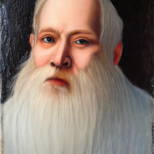 Prompt: Impressive portrait of a Catholic priest with red hair, a white beard, and brilliant silver eyes. Oil on canvas.