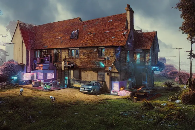 Image similar to cyberpunk, an estate agent listing external photo of a 5 bedroom detached house in the countryside, by Paul Lehr, highly detailed, photorealistic, 8k, anamorphic, cinestill cinematrography