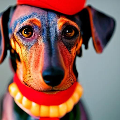 Image similar to Portrait of a dachshund wearing clown makeup, Leica m6, 85mm, fine-art photography, f/1.8, by Steve McCurry