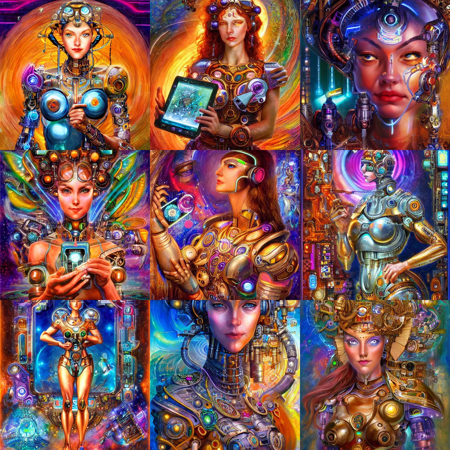 Prompt: cyborg goddess of technology by senior concept artist josephine wall, trending on artstation, puzzle art ‐ s 1 2 3 4 5