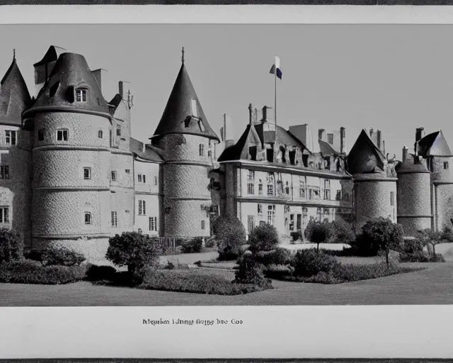 Image similar to old black-and-white photograph of a French castle constructed with lego bricks