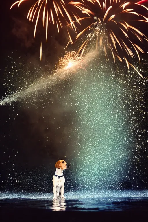 Image similar to man throwing a beagle in the air while standing in water with fireworks in background, full body, silhouette, reflection in water, volumetric lighting, golden ratio, backlit