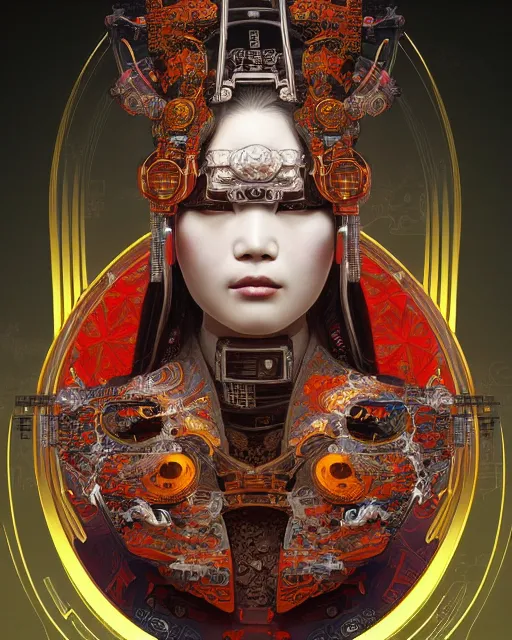 Image similar to portrait of a cyberpunk machine, machine face, upper half portrait, decorated with chinese opera motifs, asian, fine china, wuxia, traditional chinese art, intricate, elegant, highly detailed, symmetry, headpiece, digital painting, artstation concept art smooth sharp focus, illustration, art by artgerm and greg rutkowski alphonse mucha 8 k