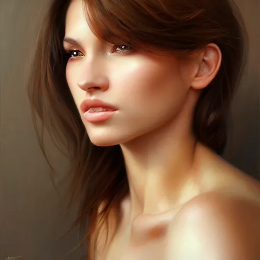 Image similar to a portrait of a very beautiful woman with a thin scar across her left cheek, brown eyes, shoulder-length brown hair, illustration, soft lighting, soft details, painting oil on canvas by mark arian by artgerm, trending on artstation, 4k, 8k, HD