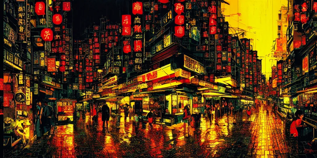 Image similar to artwork of a hong kong street, by dan mumford and wong kar - wai and peter doig, highly detailed, dramatic lighting, 8 k