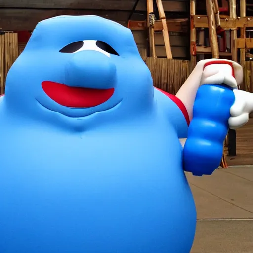 Image similar to big mean fat blue guy with an inflatable hammer