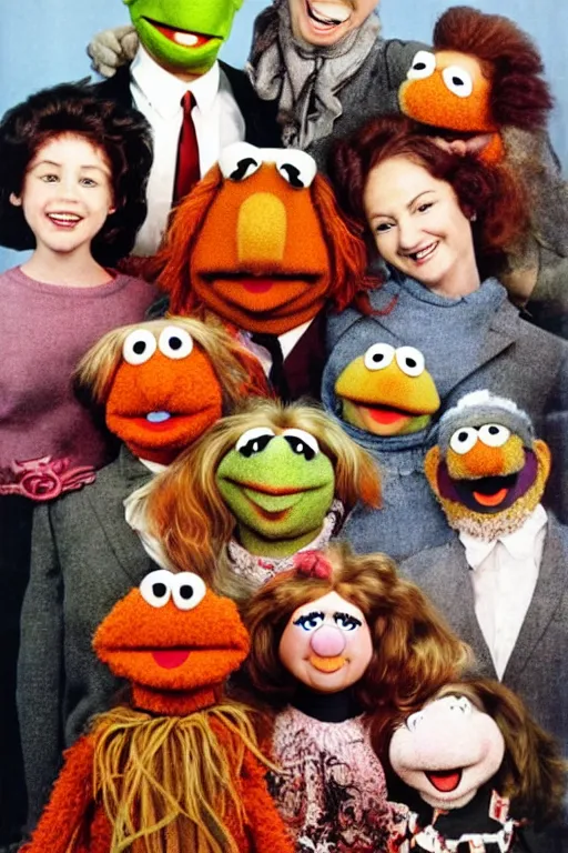 Image similar to muppet family photo, 1 9 6 0 s, olan mills studio, creepy, scary, laughing, color, grotty, ugly, terrified, brian froud