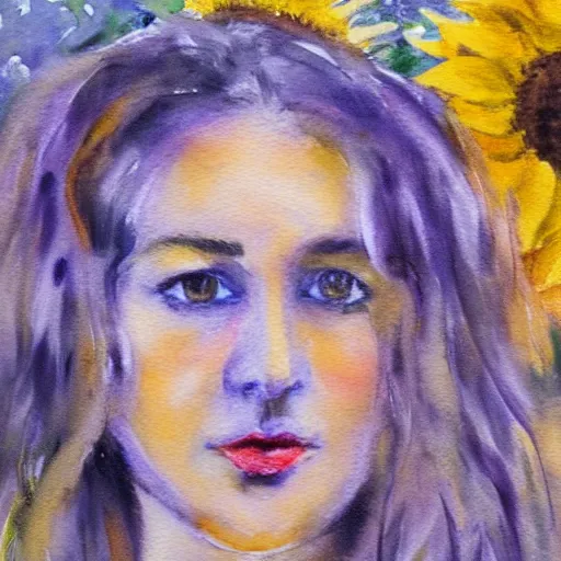 Prompt: molly sanden, watercolor, in the style of claude monet, beautiful face, sunflowers, award winning, hd, 4 k, purple, blue -