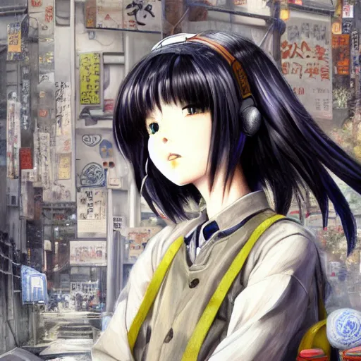 Image similar to dynamic composition, motion, ultra-detailed, incredibly detailed, a lot of details, amazing fine details and brush strokes, colorful and grayish palette, smooth, HD semirealistic anime CG concept art digital painting, watercolor oil painting of a Japanese schoolgirl Lain Iwakura, GITS, by a Chinese artist at ArtStation, by Huang Guangjian, Fenghua Zhong, Ruan Jia, Xin Jin and Wei Chang. Realistic artwork of a Chinese videogame, gradients, gentle an harmonic grayish colors.