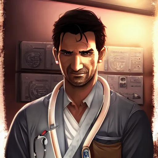 Image similar to portrait of nathan drake as a surgeon, anime fantasy illustration by tomoyuki yamasaki, kyoto studio, madhouse, ufotable, trending on artstation