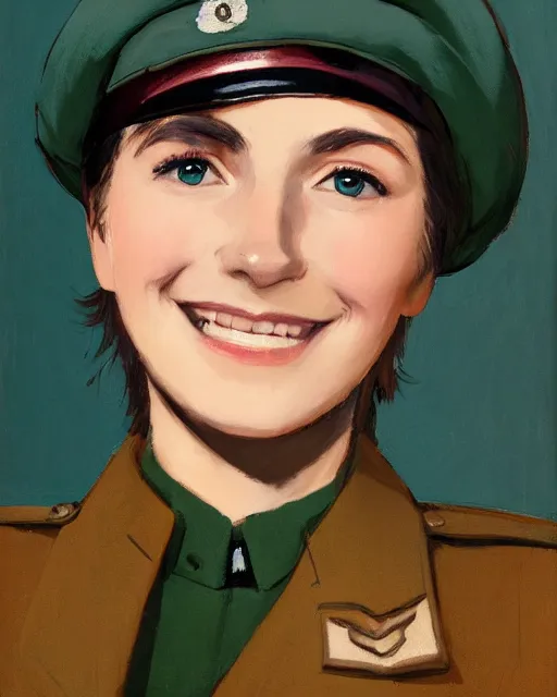 Image similar to portrait of young woman with light brown hair and hazel eyes dressed in a sharp dark teal military uniform with beret, smiling, ilya kuvshinov, anime