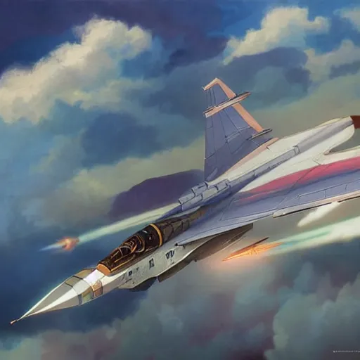 Prompt: Mikoyan MiG-29 soaring in the clouds, highly detailed, digital painting, artstation, concept art, sharp focus, illustration, art by artgerm and greg rutkowski and alphonse mucha