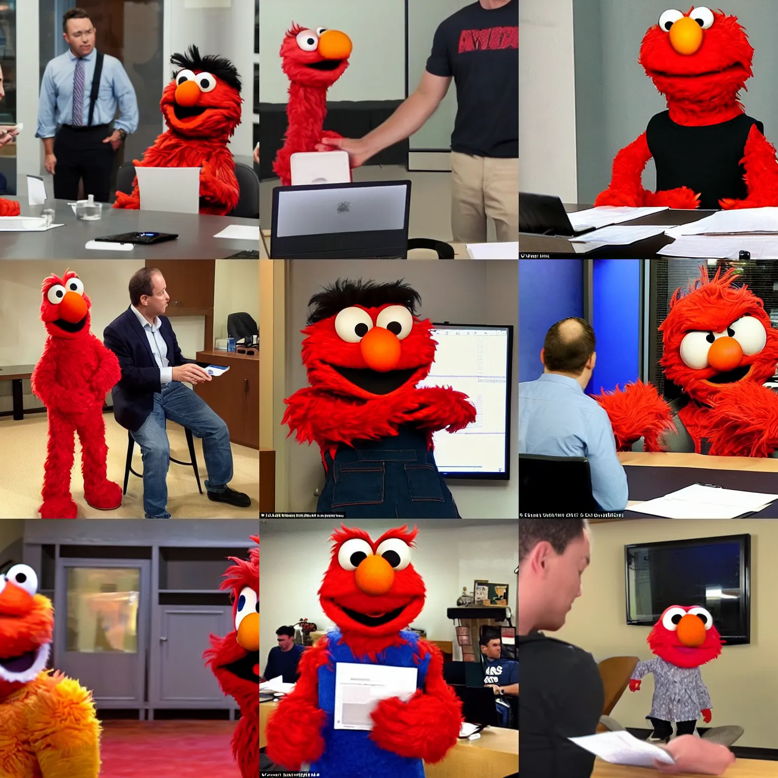 Prompt: elmo asks for loads of cash from his boss in a work meeting while wearing a sleeveless tank top