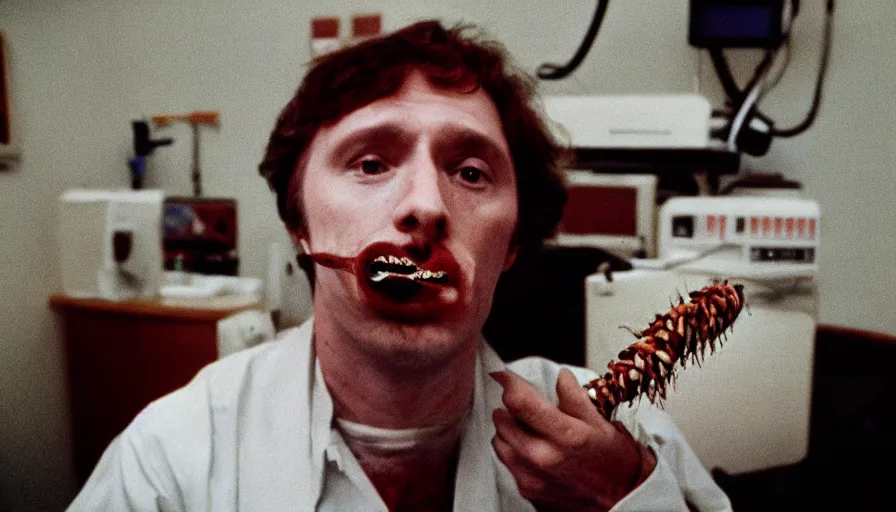 Image similar to 7 0 s movie still of a man with worms in the mouth in the hospital, cinestill 8 0 0 t 3 5 mm eastmancolor, heavy grain, high quality, high detail