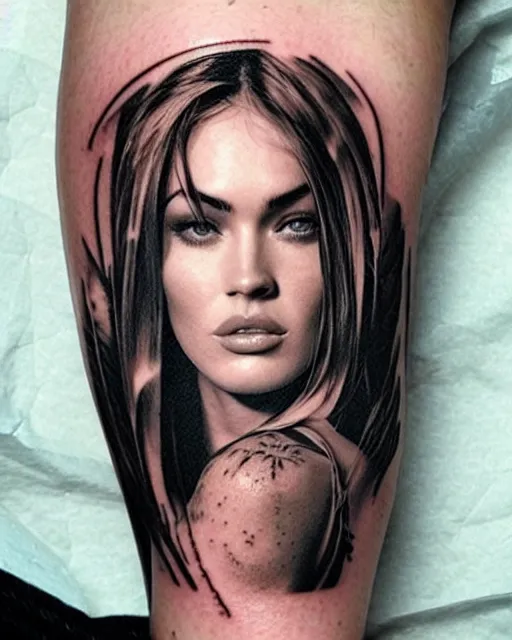 Image similar to creative double exposure effect tattoo design sketch of megan fox faded in beautiful mountain scenery, realism tattoo, in the style of matteo pasqualin, amazing detail, sharp