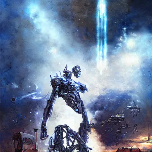 Prompt: the edge of the universe (on film), cybernetic cyborg warrior, by Robert McCall and Bastien Lecouffe-Deharme