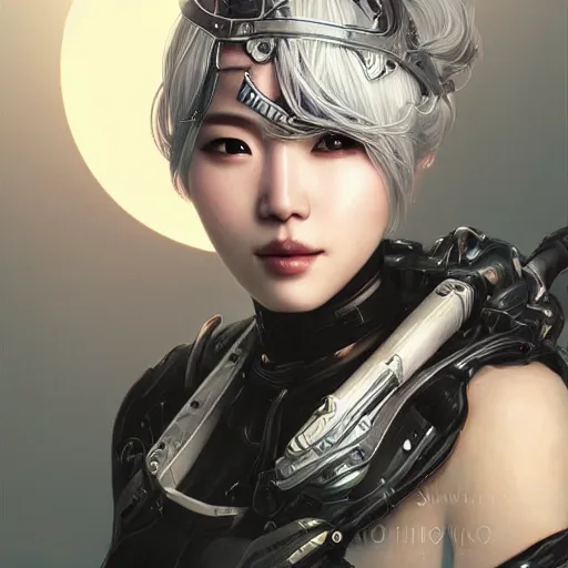 Image similar to ultra realistic illustration of cyborg song hye - kyo, warframe, intricate, nier automata, sunset, white hair, elegant, highly detailed, very intelligent, digital painting, highlights, artstation, concept art, smooth, sharp focus, illustration, art by artgerm and akihiko yoshida and alphonse mucha