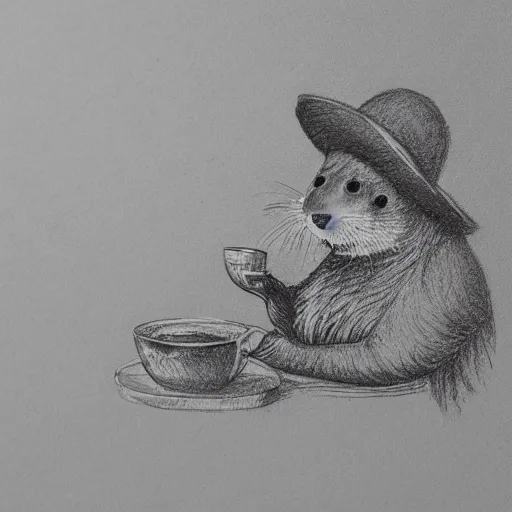 Prompt: a sketch of a gentleman otter drinking tea