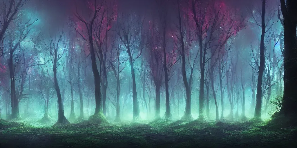 Image similar to beautiful matte painting of a colorful fantasy dark forest at night