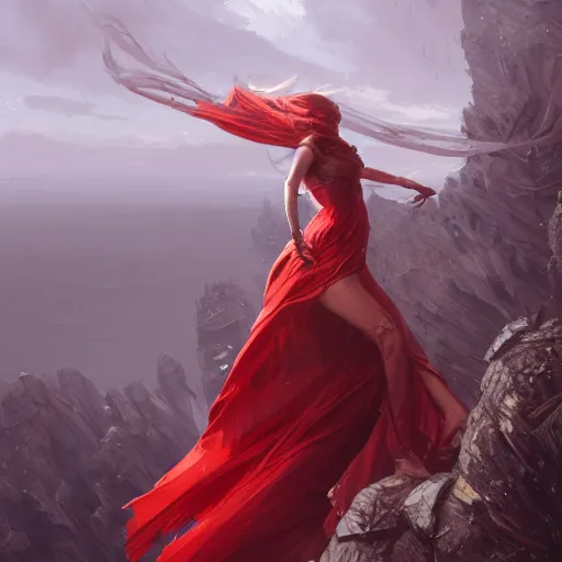 Prompt: a woman with red long dress balancing with wind in a glamor scene, highly detailed, illustration, fantasy art, in the style of greg rutkowski, epic, fantasy, intricate, hyper detailed, artstation, concept art, smooth, sharp focus, ray tracing