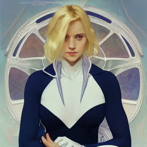 Image similar to a beautiful cartoon still portrait of a beautiful cute young woman shoulder - length blonde hair superhero wearing a tight solid matte navy blue lycra suit white cape white cowl white shoulders, intricate, elegant, 8 k, highly detailed, digital painting, concept art, smooth, sharp focus, illustration, by artgerm greg rutkowski alphonse mucha loish wlop