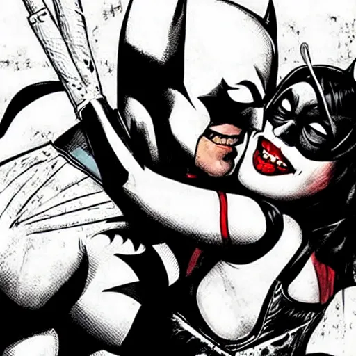 Image similar to “Harley Quinn and Batman hugging”