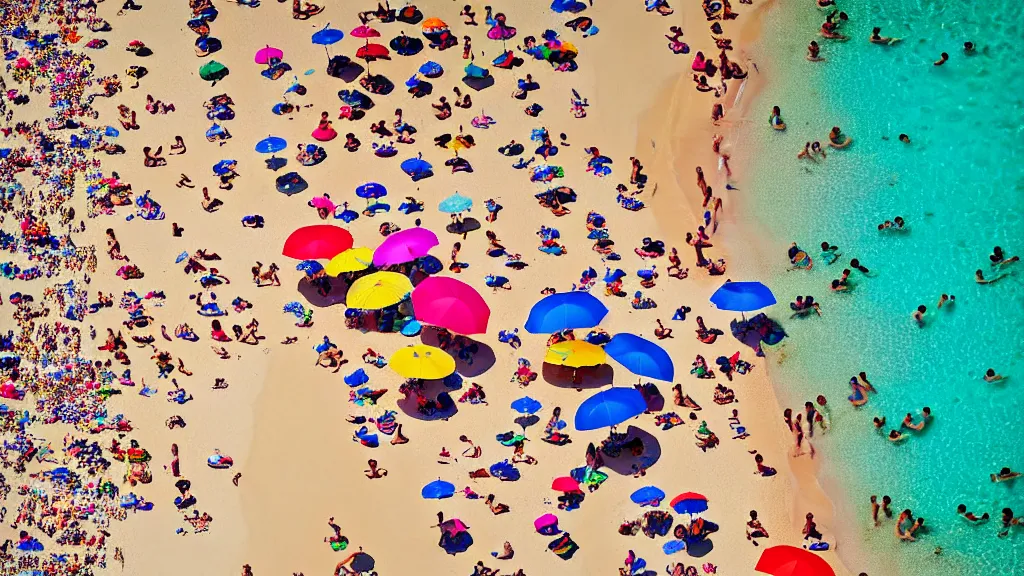 Image similar to photograph beachscapes from an almost perpendicular angle, Aerial view of sandy beach with umbrellas and sea, Aerial of a crowded sandy beach with colourful umbrellas, sun bathers and swimmers during summer, by Tommy Clarke