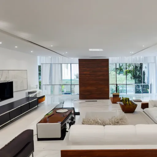 Prompt: A modern living room with a beautiful white marble table between 2 white sofas ,on the left of the living room there are floor to ceiling glass window and on the right of the living room there are wooden stairs to the second floor, 8k resolution, professional interior design photograph