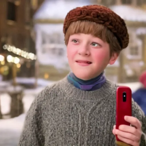 Image similar to the kid from polar express holding out his phone