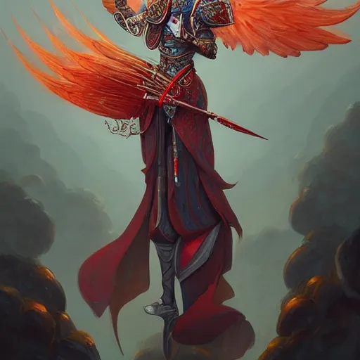 Prompt: A Highly Detailed godly knight with crimson wings of blade feathers by Peter Mohrbacher, an king of carrot flowers by Kelly Mckernan, trending on artstation, HD, 4k