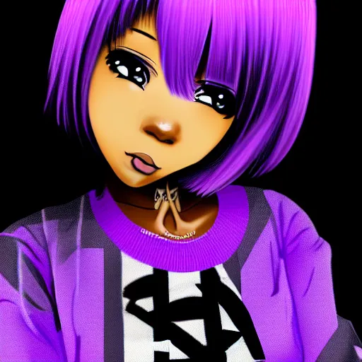 Prompt: black anime manga girl, wearing camo, purple eyes, white french bob