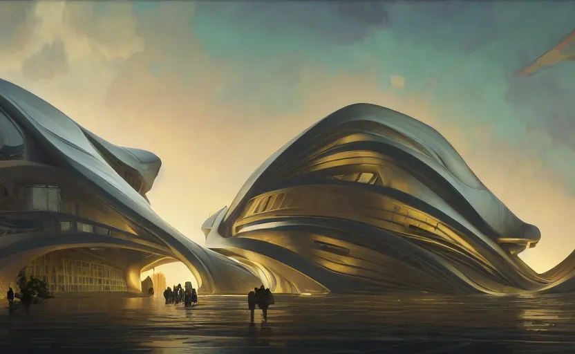 Prompt: exterior shot of utopian architecture building with cinematic lighting by zaha hadid and renzo piano, darek zabrocki and greg ruthkowski, alphonse mucha, simon stalenhag, cinematic, epic, holy place, paradise, scifi, futurism, atmospheric, sunset, concept art, artstation, trending on artstation