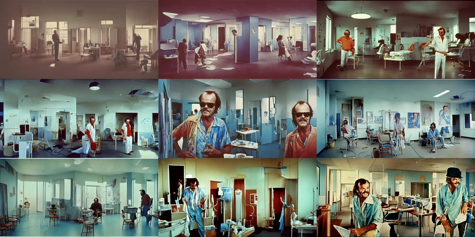 Prompt: jack nicholson in one flew over the cookoos nest, painting by james jean, clinic, architecture, seventies cinestill, atmospheric, weird, dreamy