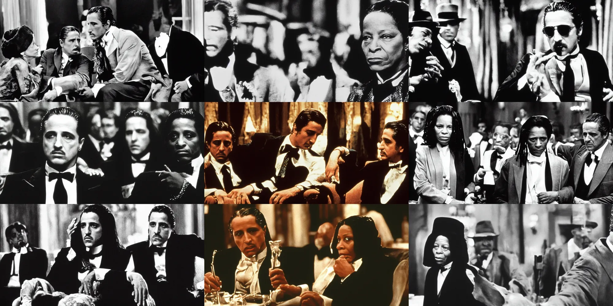 Prompt: a still from the the godfather, starring whoopi goldberg, 3 5 mm,