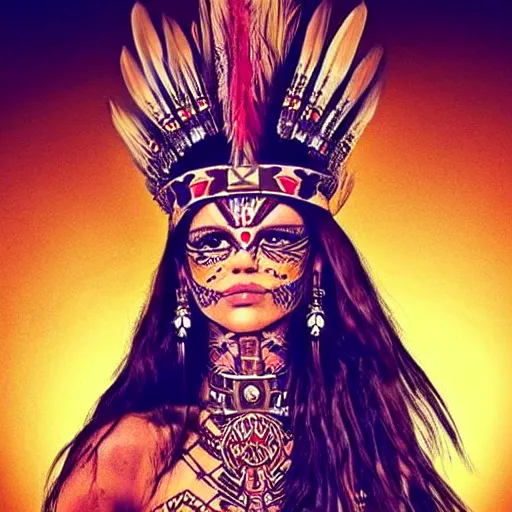 Prompt: character design, aztec warrior goddess with beautiful woman face, crown of very long feathers, full body, glowing aztec tattoos, beautiful, dark fantasy,