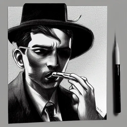 Image similar to noir detective wearing fedora and smoking a cigarette, raining, Artwork by Artgerm